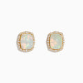 Aurora 14K yellow gold stud earrings with rectangular opals, each framed by sparkling white diamonds, shown on a white background.