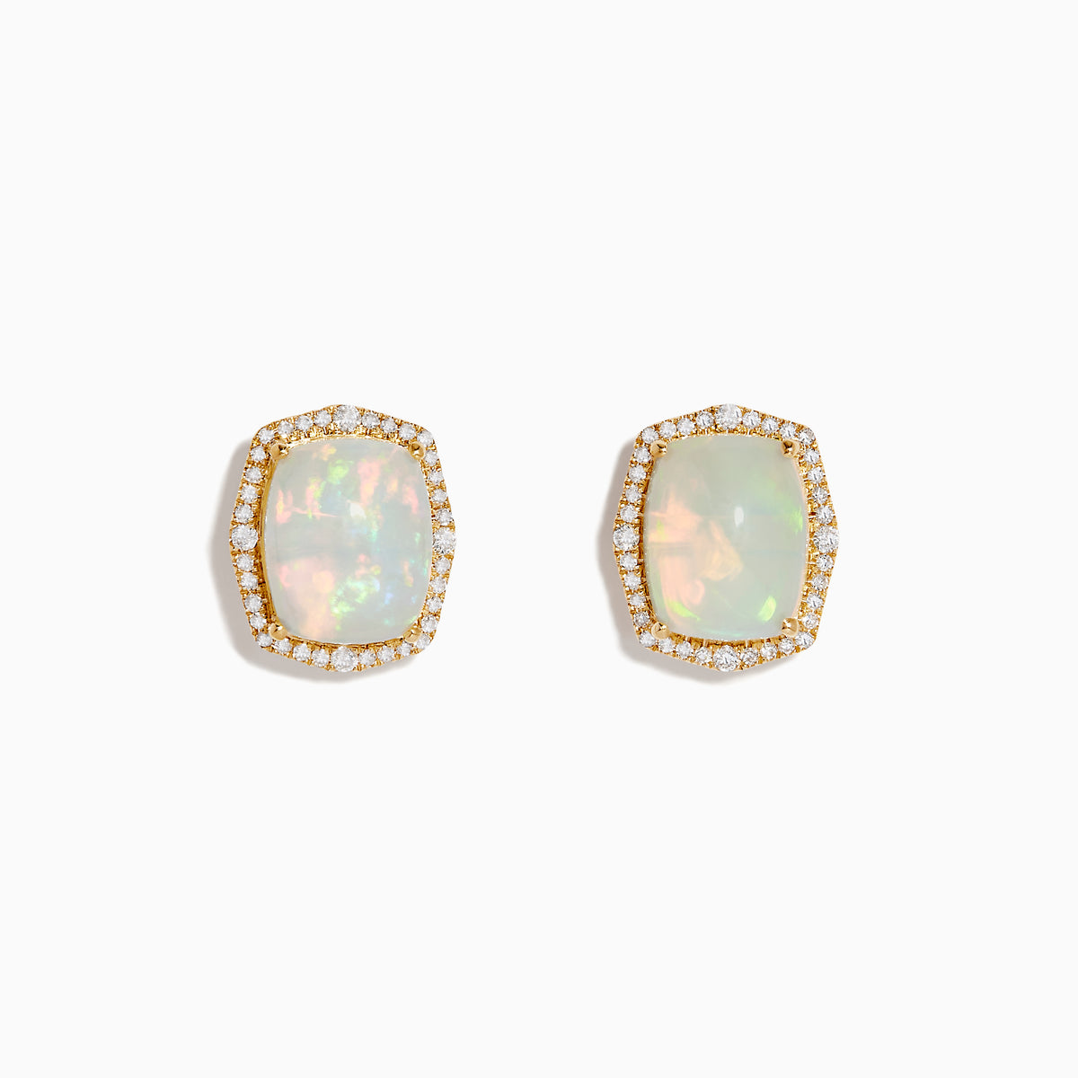 Aurora 14K yellow gold stud earrings with rectangular opals, each framed by sparkling white diamonds, shown on a white background.