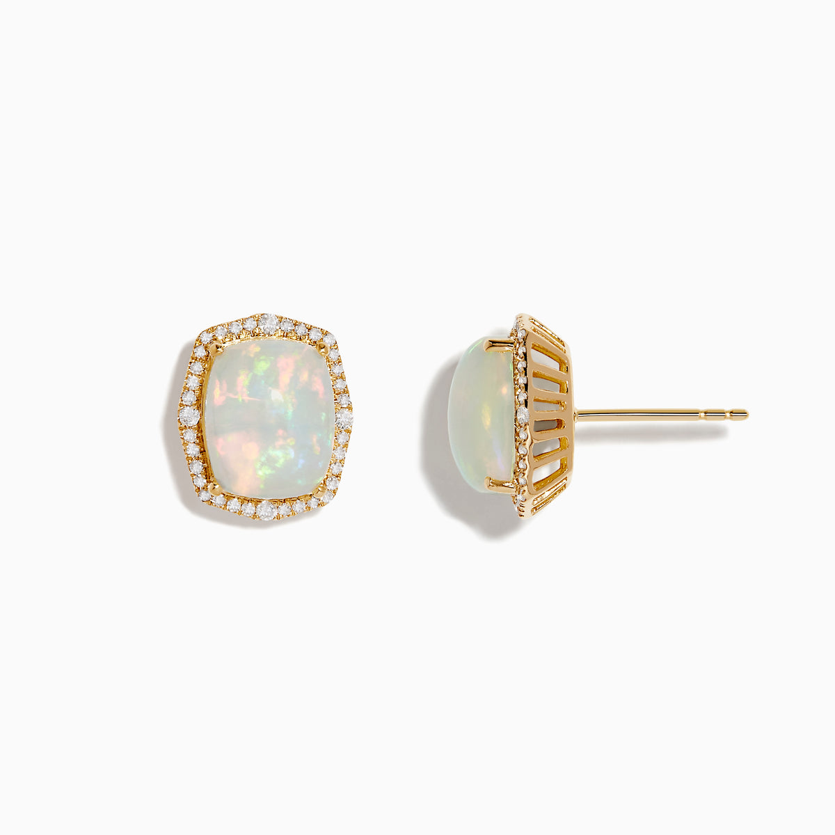 Aurora 14K yellow gold stud earrings with rectangular opals, each framed by sparkling white diamonds, shown on a white background.