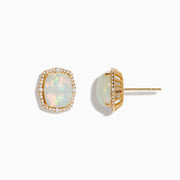 Aurora 14K yellow gold stud earrings with rectangular opals, each framed by sparkling white diamonds, shown on a white background.