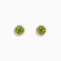 14k Yellow Gold Peridot and Diamond Stud Earrings, 2.21 TCW, feature round peridot centers encircled by a diamond halo, displayed on a white background.