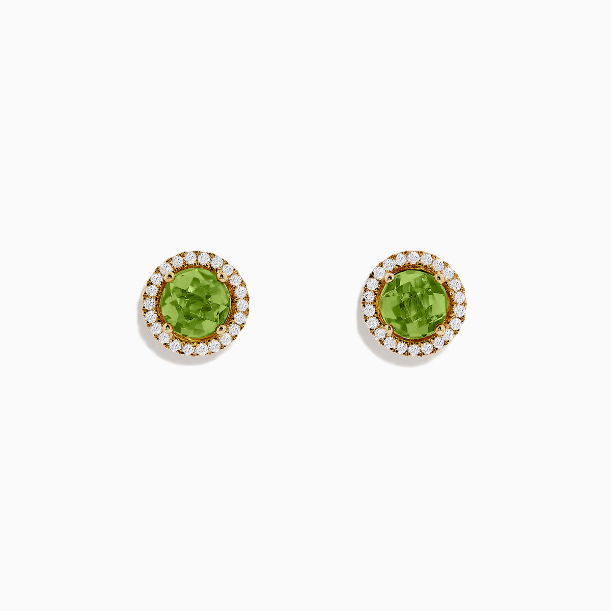 14k Yellow Gold Peridot and Diamond Stud Earrings, 2.21 TCW, feature round peridot centers encircled by a diamond halo, displayed on a white background.