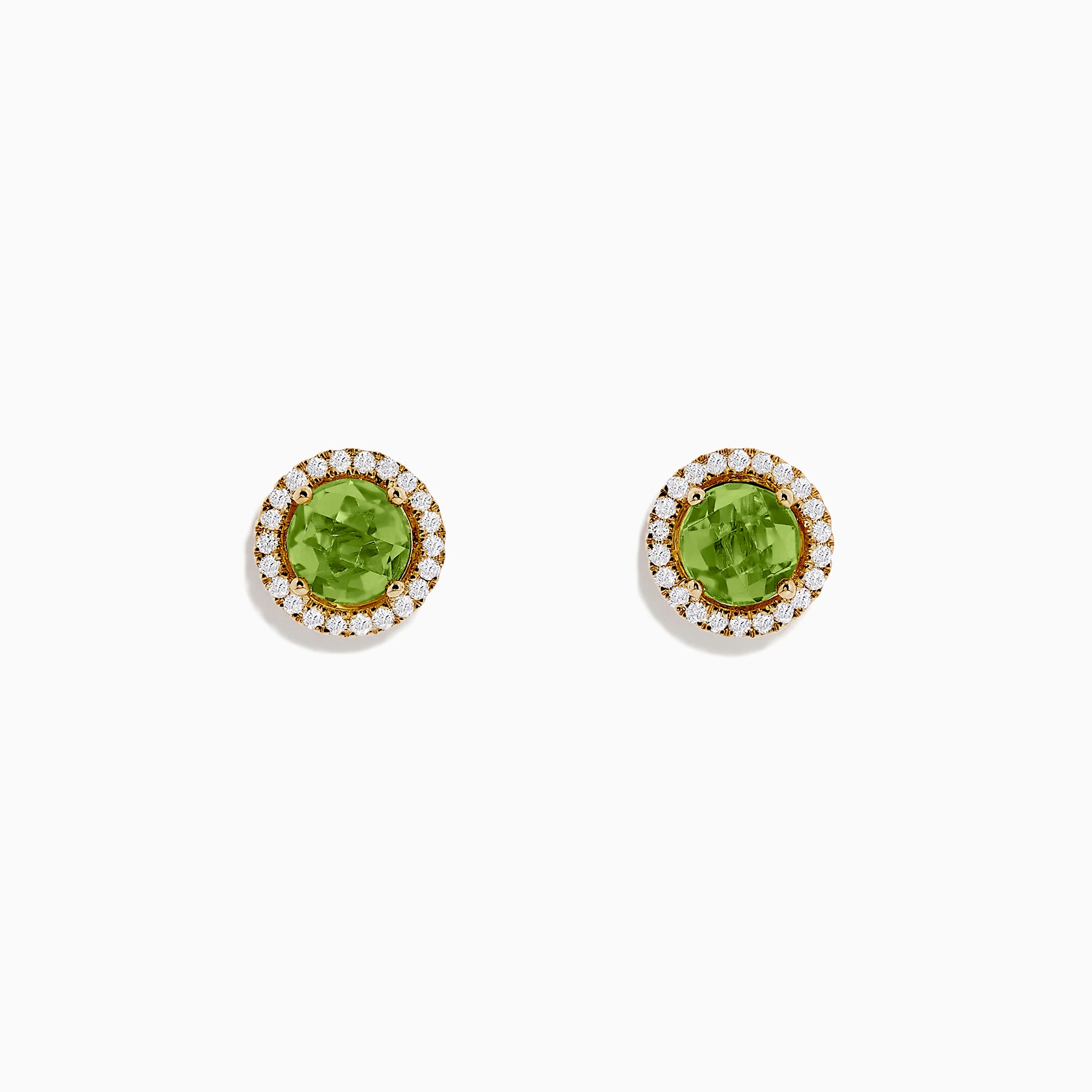 14k Yellow Gold Peridot and Diamond Stud Earrings, 2.21 TCW, feature round peridot centers encircled by a diamond halo, displayed on a white background.