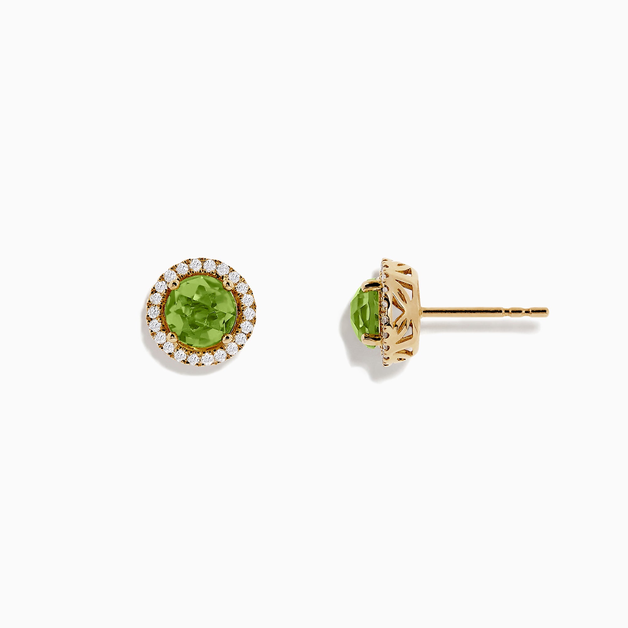 14k Yellow Gold Peridot and Diamond Stud Earrings, 2.21 TCW, feature round peridot centers encircled by a diamond halo, displayed on a white background.