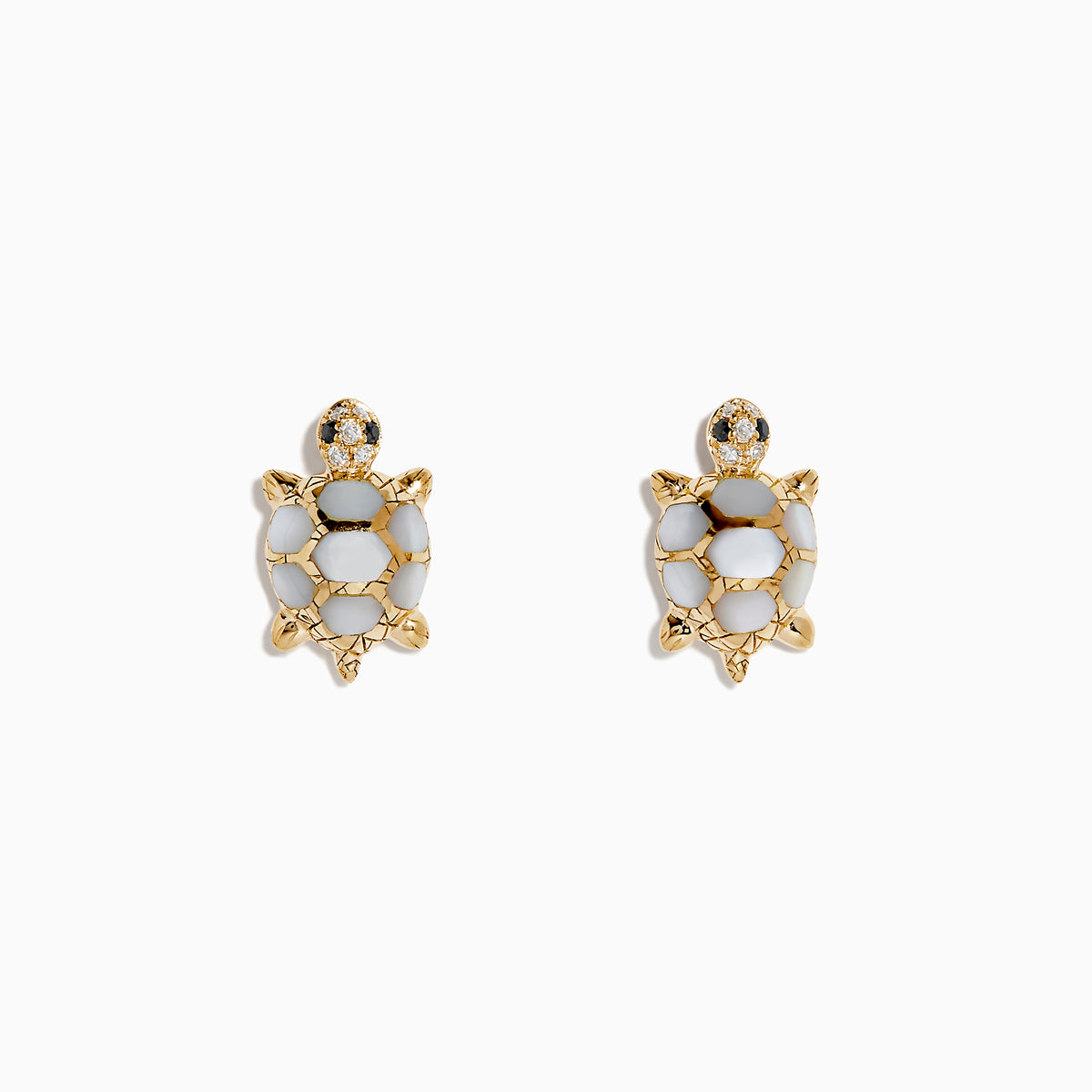 14K yellow gold stud earrings in a turtle shape with multi diamonds and mother of pearl shells, displayed on a white background.