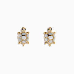 14K yellow gold stud earrings in a turtle shape with multi diamonds and mother of pearl shells, displayed on a white background.
