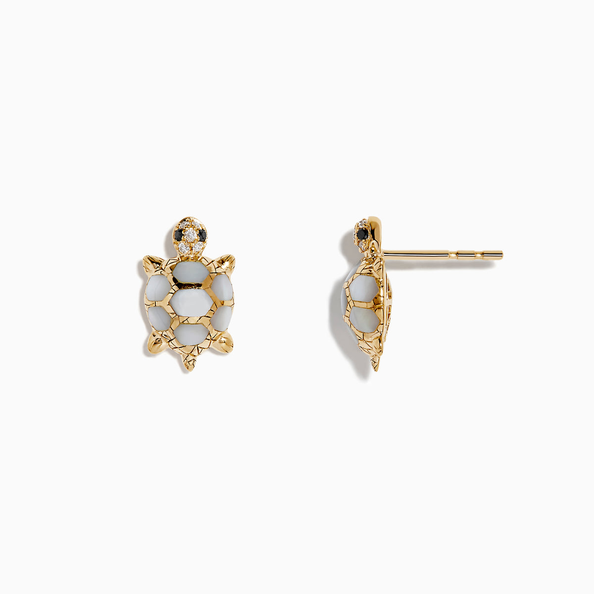 14K yellow gold stud earrings in a turtle shape with multi diamonds and mother of pearl shells, displayed on a white background.