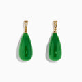The 14K Yellow Gold Green Jade and Diamond Drop Earrings feature teardrop-shaped green jade with diamond accents, elegantly displayed on a white background.