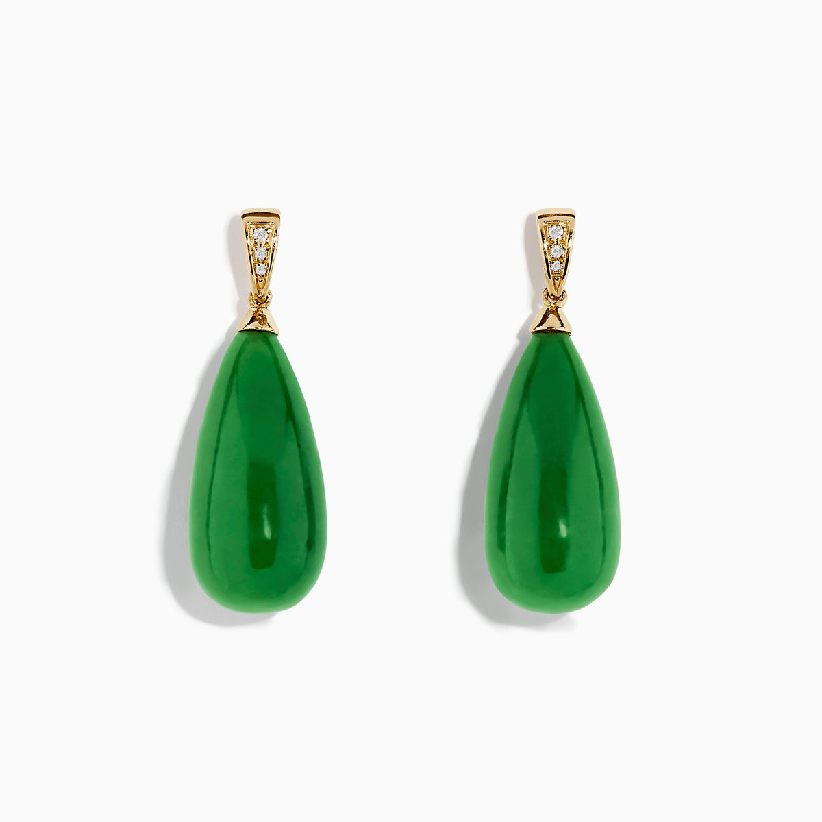 The 14K Yellow Gold Green Jade and Diamond Drop Earrings feature teardrop-shaped green jade with diamond accents, elegantly displayed on a white background.