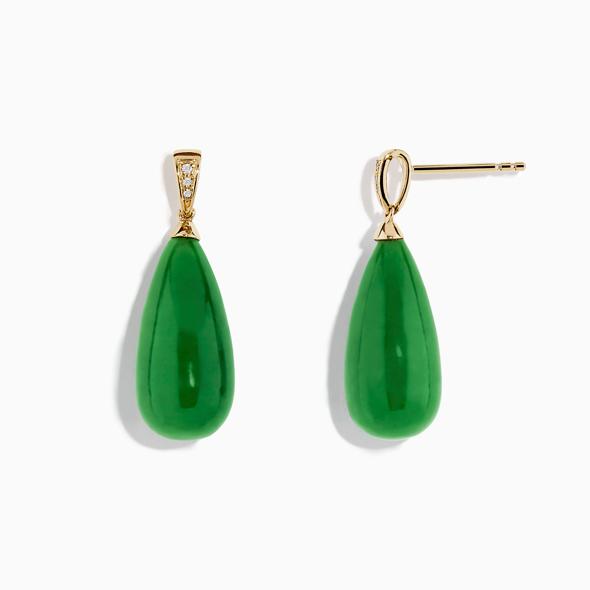 A pair of 14K yellow gold drop earrings featuring large green jade gemstones and diamond accents, displayed against a white background.