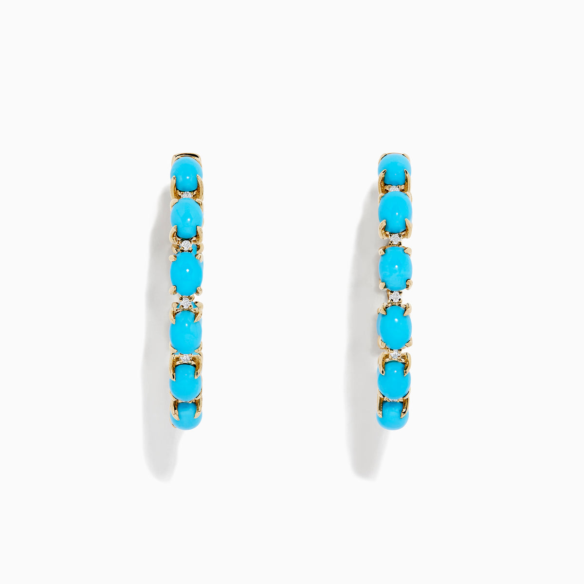 A pair of 14K Yellow Gold Turquoise Hoop Earrings, 3.95 TCW, featuring evenly spaced bright turquoise stones, displayed against a plain white background.