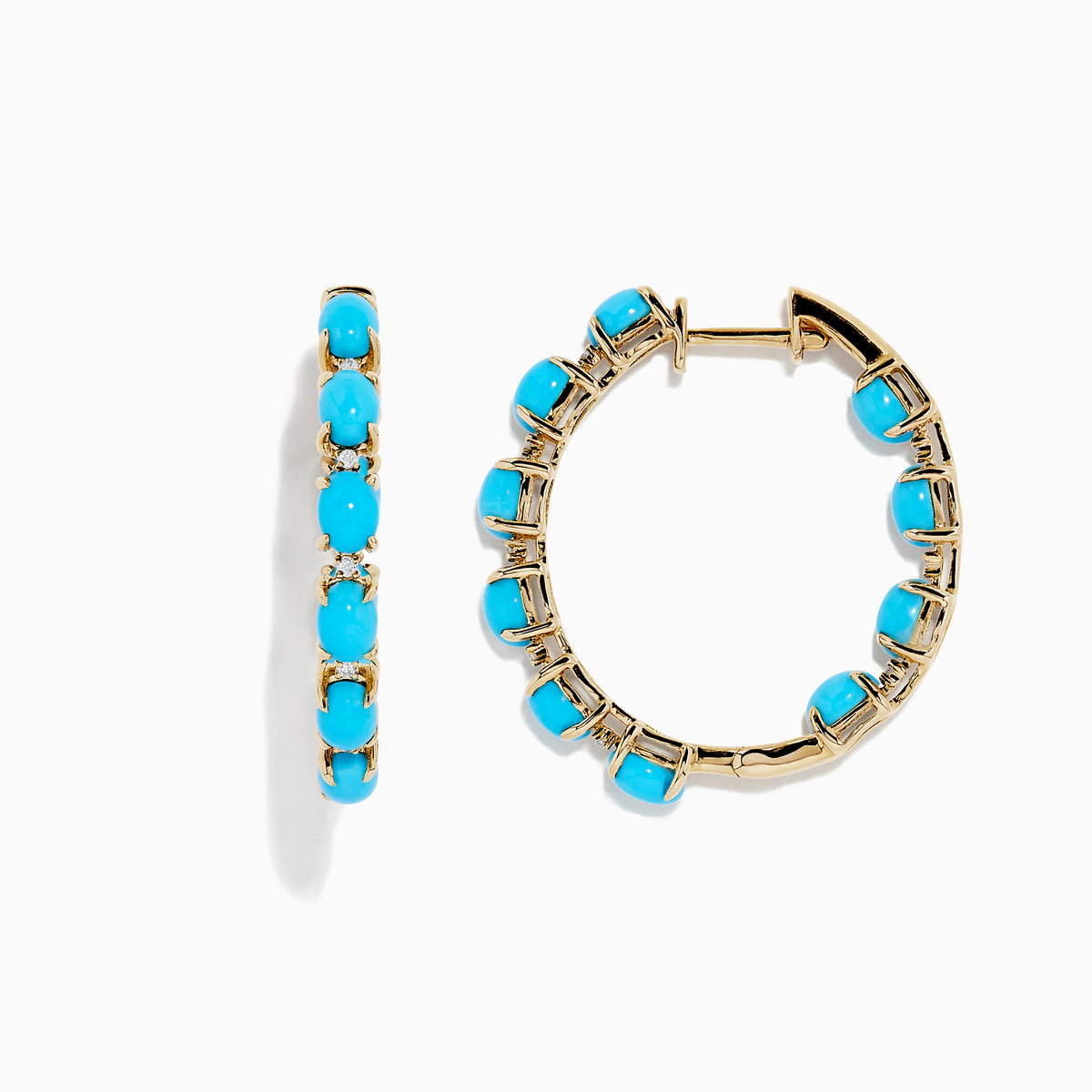 A pair of 14K Yellow Gold Turquoise Hoop Earrings, 3.95 TCW, featuring evenly spaced bright turquoise stones, displayed against a plain white background.