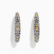 The 925 Sterling Silver & 18K Gold 1 Hoop Earrings feature intricate sterling silver patterns and subtle 18K gold accents, showcased against a white background.