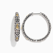 The 925 Sterling Silver & 18K Gold 1 Hoop Earrings feature intricate sterling silver patterns and subtle 18K gold accents, showcased against a white background.