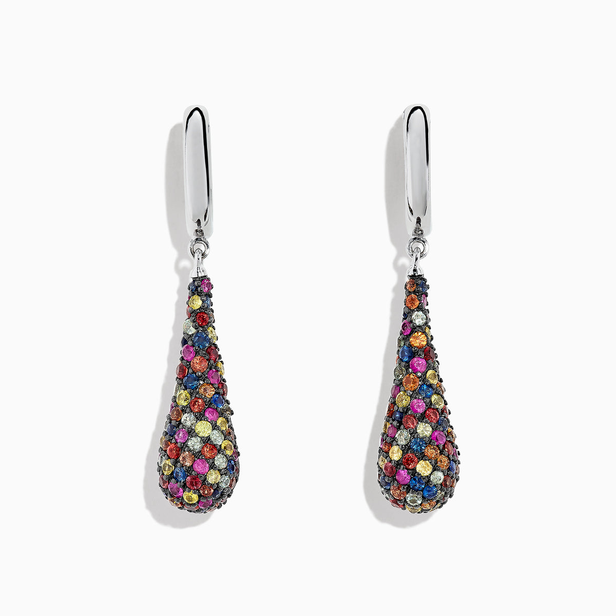 Splash Sterling Silver Multi Color Sapphire Drop Earrings, 4.10 TCW, feature teardrop-shaped pendants with vibrant sapphires in varied hues on sterling silver hooks. The earrings are photographed against a white background.