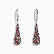 Splash Sterling Silver Multi Color Sapphire Drop Earrings, 4.10 TCW, feature teardrop-shaped pendants with vibrant sapphires in varied hues on sterling silver hooks. The earrings are photographed against a white background.