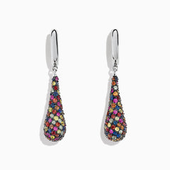 Splash Sterling Silver Multi Color Sapphire Drop Earrings, 4.10 TCW, feature teardrop-shaped pendants with vibrant sapphires in varied hues on sterling silver hooks. The earrings are photographed against a white background.