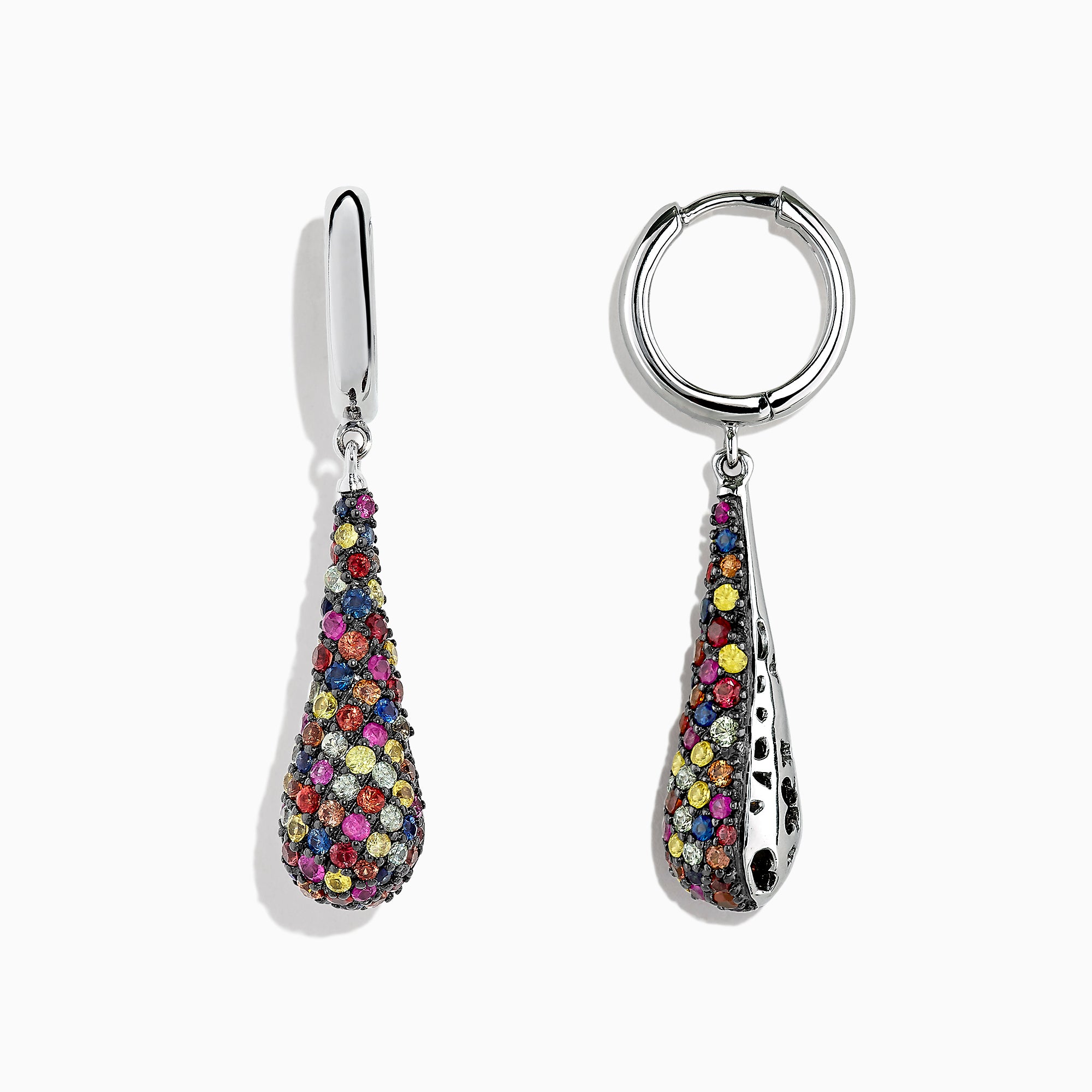 Splash Sterling Silver Multi Color Sapphire Drop Earrings, 4.10 TCW, feature teardrop-shaped pendants with vibrant sapphires in varied hues on sterling silver hooks. The earrings are photographed against a white background.