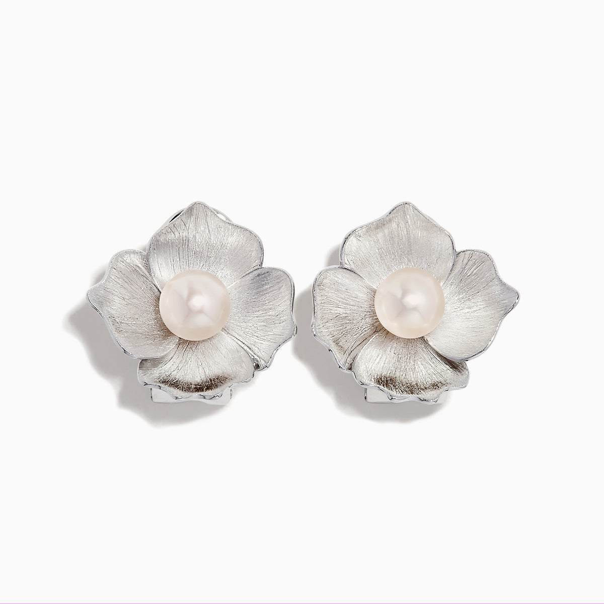The 925 Sterling Silver Cultured Fresh Water Pearl Flower Earrings feature textured silver petals and a round freshwater pearl at each center, shown on a white background.