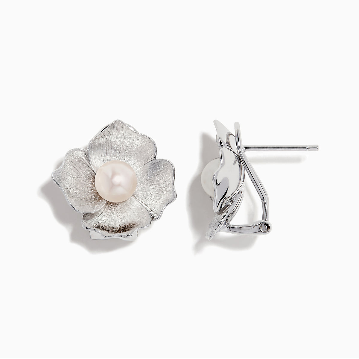 The 925 Sterling Silver Cultured Fresh Water Pearl Flower Earrings feature textured silver petals and a round freshwater pearl at each center, shown on a white background.