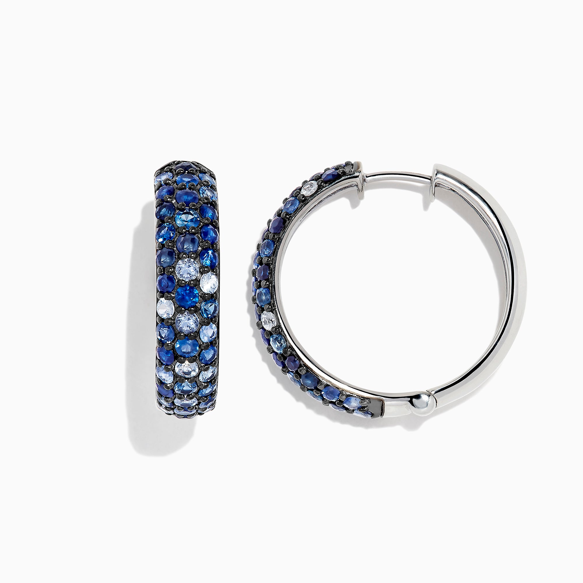 A pair of Effy Splash Silver Blue Sapphire 1 Hoop Earrings, 3.97 TCW, displayed against a white background with soft shadows.
