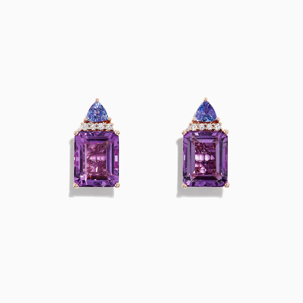 14K Rose Gold Earrings featuring large amethyst gemstones topped with a triangular cluster of tanzanite and diamonds, 8.62 TCW, displayed on a white background.