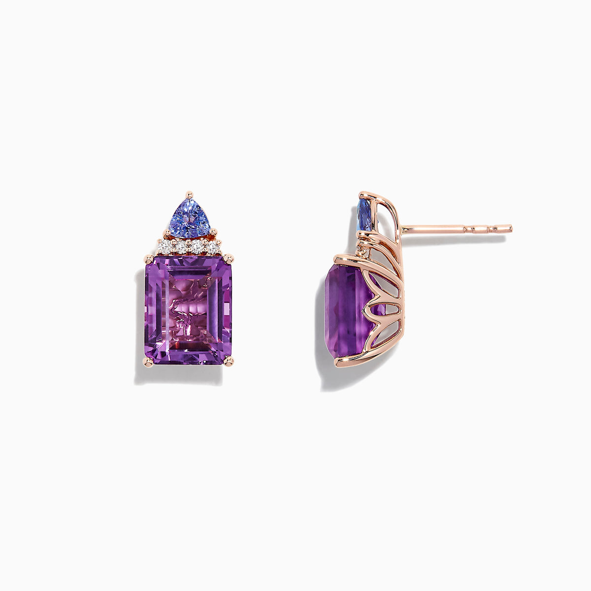 14K Rose Gold Earrings featuring large amethyst gemstones topped with a triangular cluster of tanzanite and diamonds, 8.62 TCW, displayed on a white background.