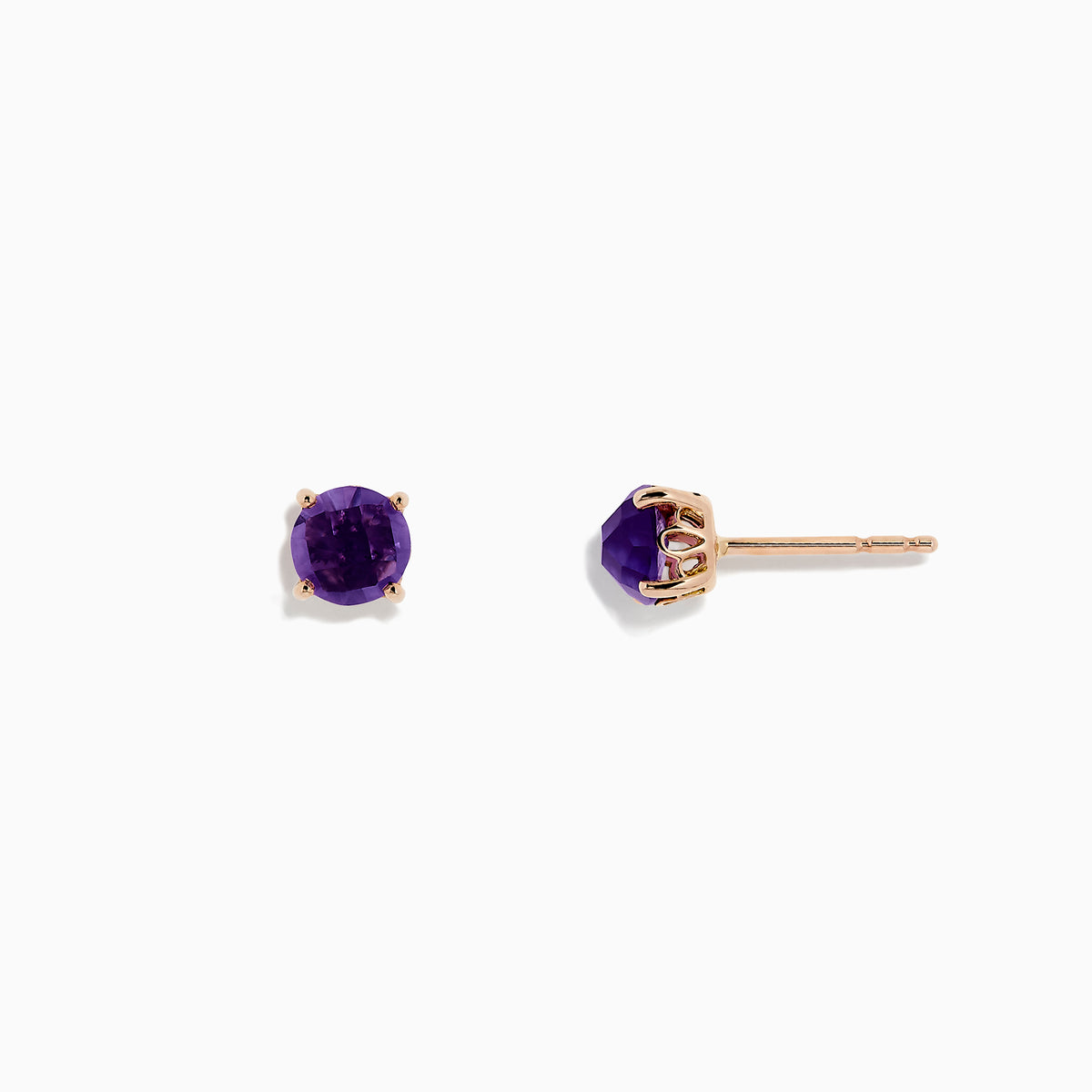 The 14K Rose Gold Amethyst Stud Earrings, 1.81 TCW, each feature a round, faceted amethyst gemstone in a four-prong rose gold setting, shown against a plain white background.