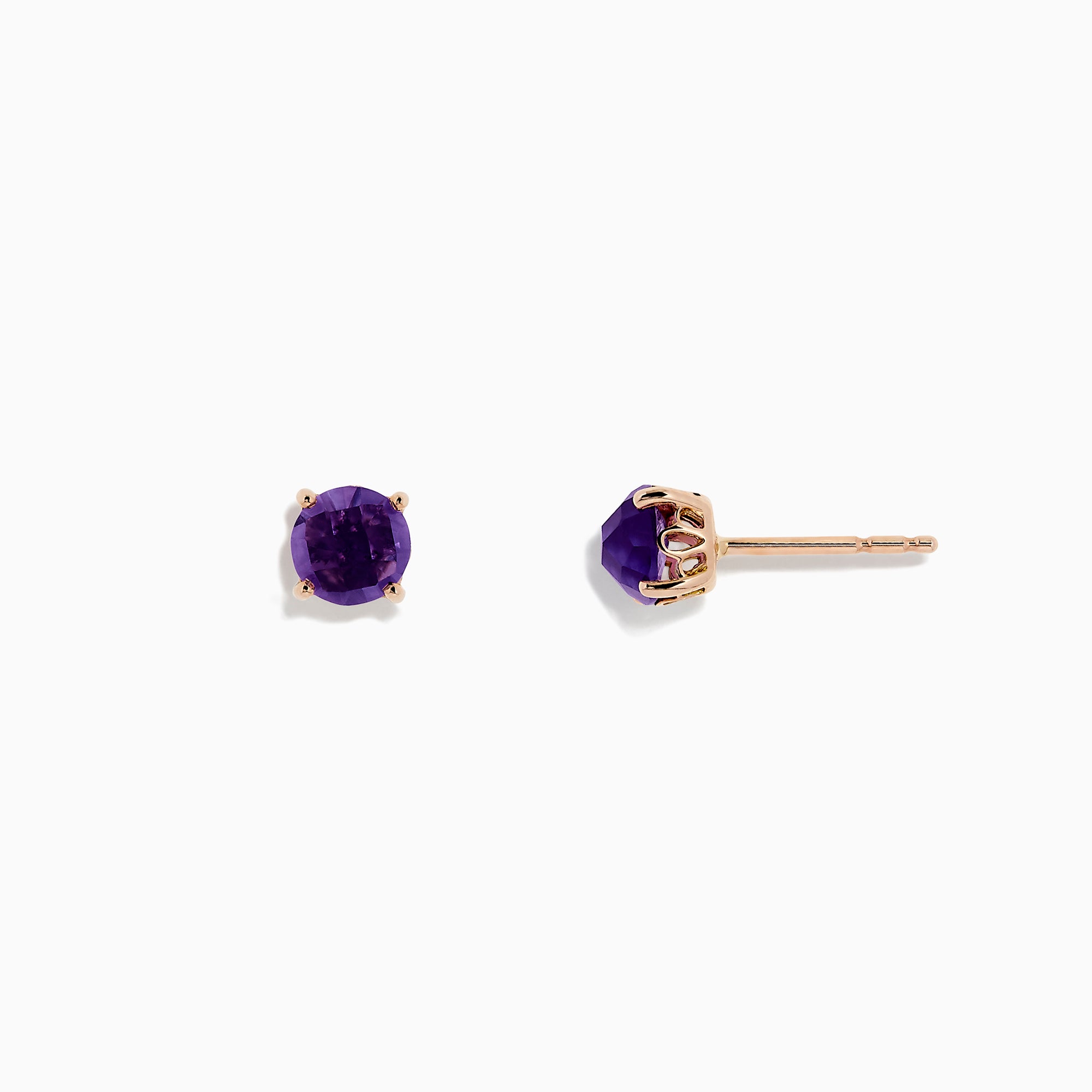 The 14K Rose Gold Amethyst Stud Earrings, 1.81 TCW, each feature a round, faceted amethyst gemstone in a four-prong rose gold setting, shown against a plain white background.