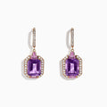 14K rose gold earrings featuring large rectangular amethysts, sparkling diamond borders, and pink sapphire accents above each stone; total carat weight: 7.04 TCW.