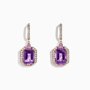 14K rose gold earrings featuring large rectangular amethysts, sparkling diamond borders, and pink sapphire accents above each stone; total carat weight: 7.04 TCW.
