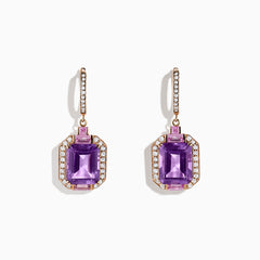 14K rose gold earrings featuring large rectangular amethysts, sparkling diamond borders, and pink sapphire accents above each stone; total carat weight: 7.04 TCW.