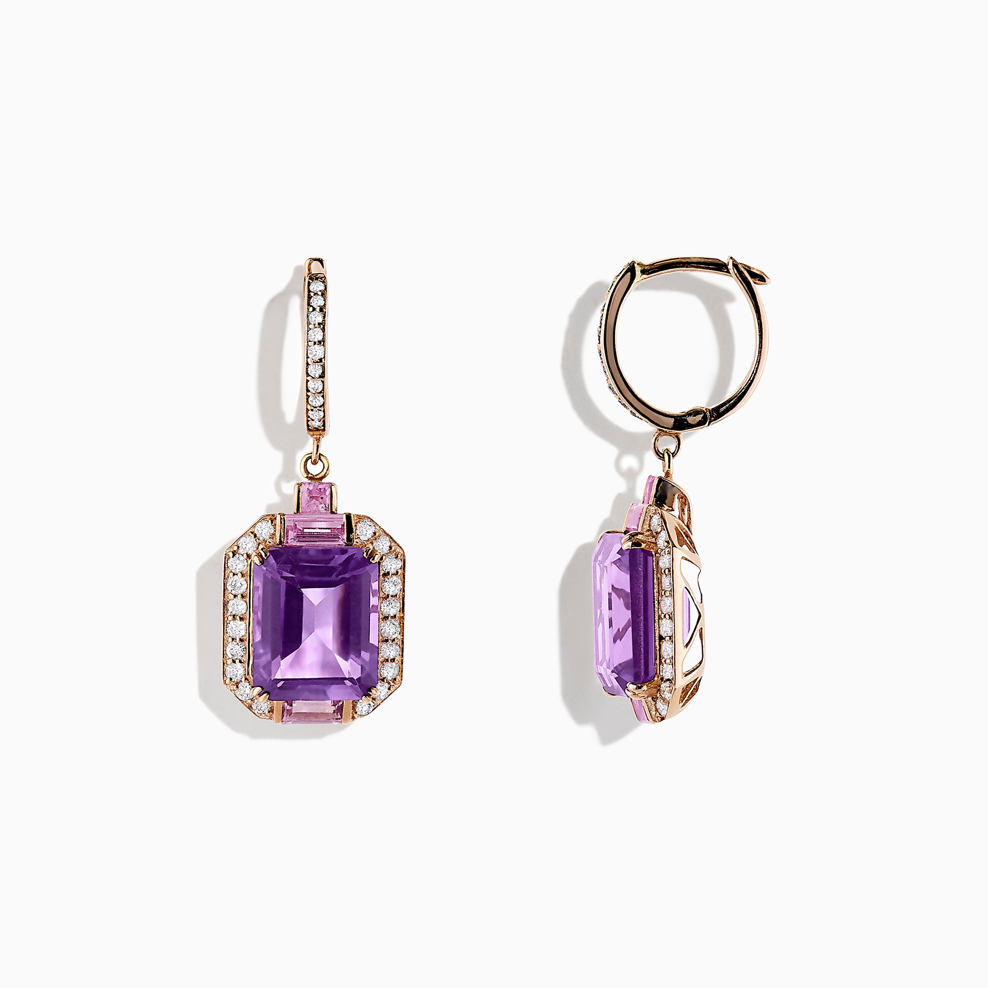 14K rose gold earrings featuring large rectangular amethysts, sparkling diamond borders, and pink sapphire accents above each stone; total carat weight: 7.04 TCW.