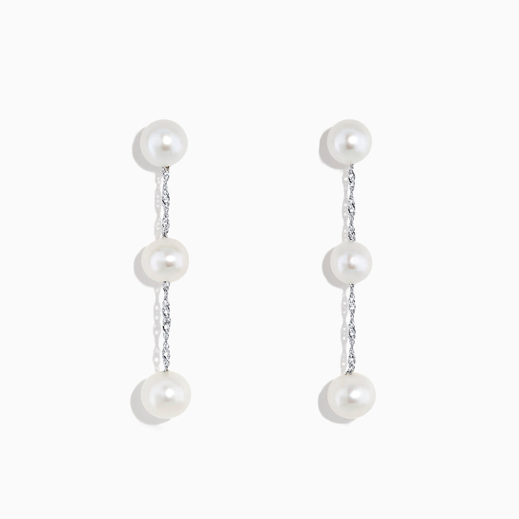 A pair of 14K White Gold Cultured Fresh Water Pearl Drop Earrings, each with three round pearls linked by slender silver chains, shown on a plain white background.