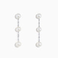 A pair of 14K White Gold Cultured Fresh Water Pearl Drop Earrings, each with three round pearls linked by slender silver chains, shown on a plain white background.