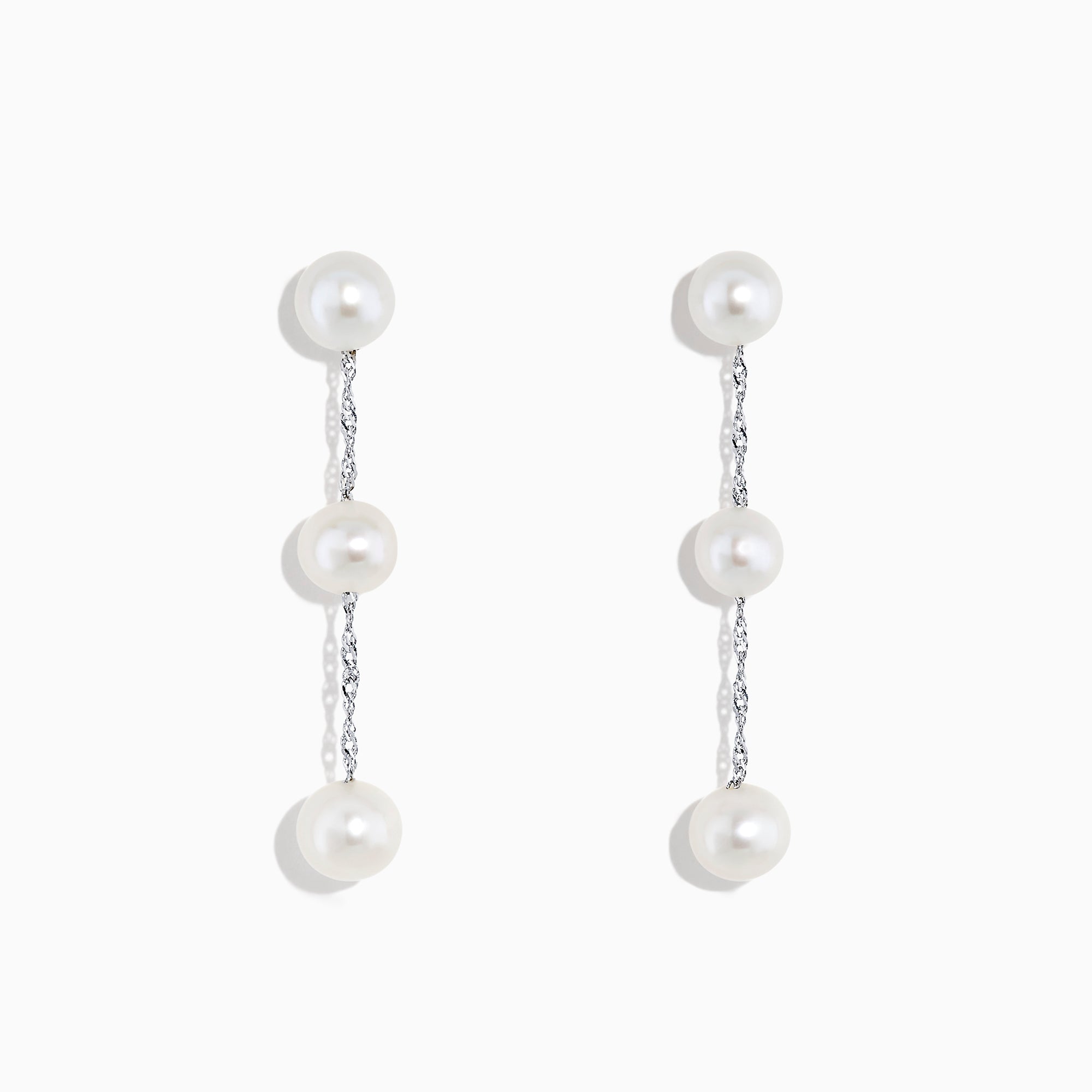 A pair of 14K White Gold Cultured Fresh Water Pearl Drop Earrings, each with three round pearls linked by slender silver chains, shown on a plain white background.