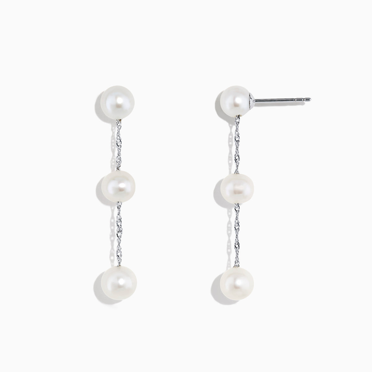 A pair of 14K White Gold Cultured Fresh Water Pearl Drop Earrings, each with three round pearls linked by slender silver chains, shown on a plain white background.