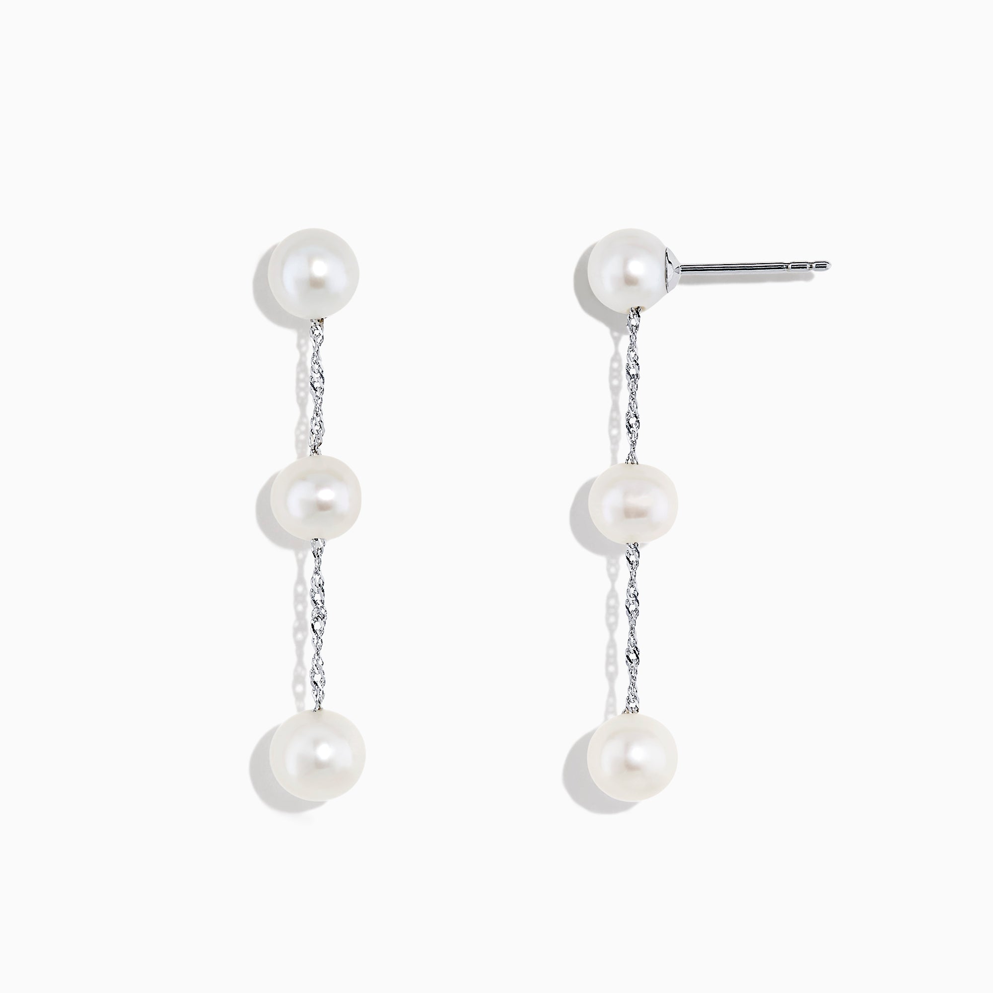 A pair of 14K White Gold Cultured Fresh Water Pearl Drop Earrings, each with three round pearls linked by slender silver chains, shown on a plain white background.
