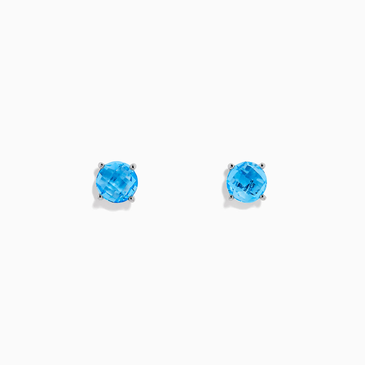 The Ocean Bleu 14K White Gold Blue Topaz Stud Earrings, 2.30 TCW, feature round faceted stones in prong settings and are displayed on a plain white background.