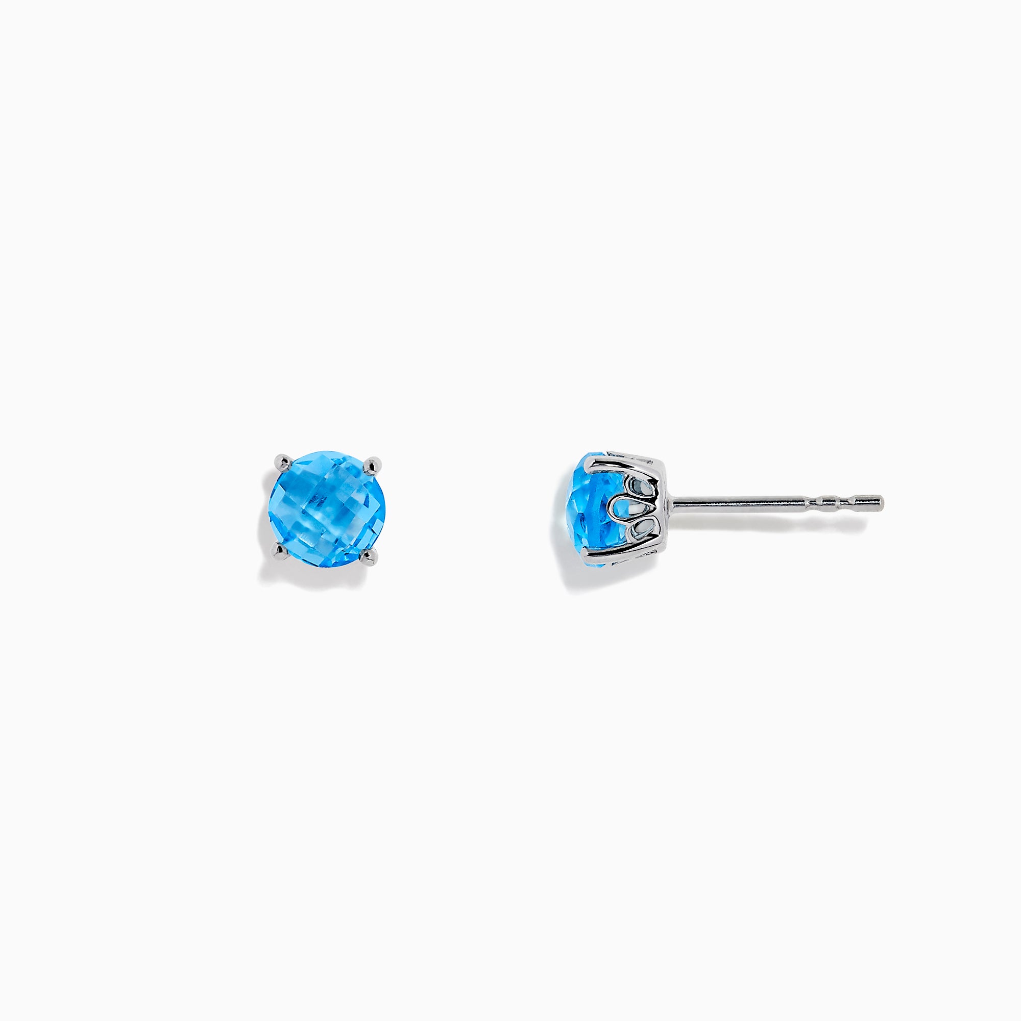The Ocean Bleu 14K White Gold Blue Topaz Stud Earrings, 2.30 TCW, feature round faceted stones in prong settings and are displayed on a plain white background.