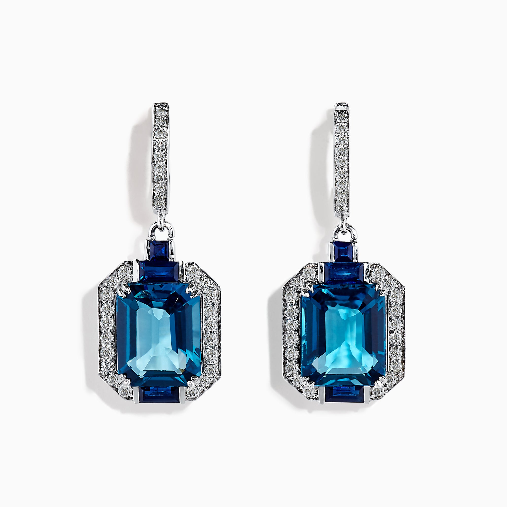 The Ocean Bleu 14K Gold London Blue Topaz and Diamond Earrings (8.74 TCW) feature emerald-cut topaz framed by diamonds and accented with deep blue stones in a luxurious gold setting.