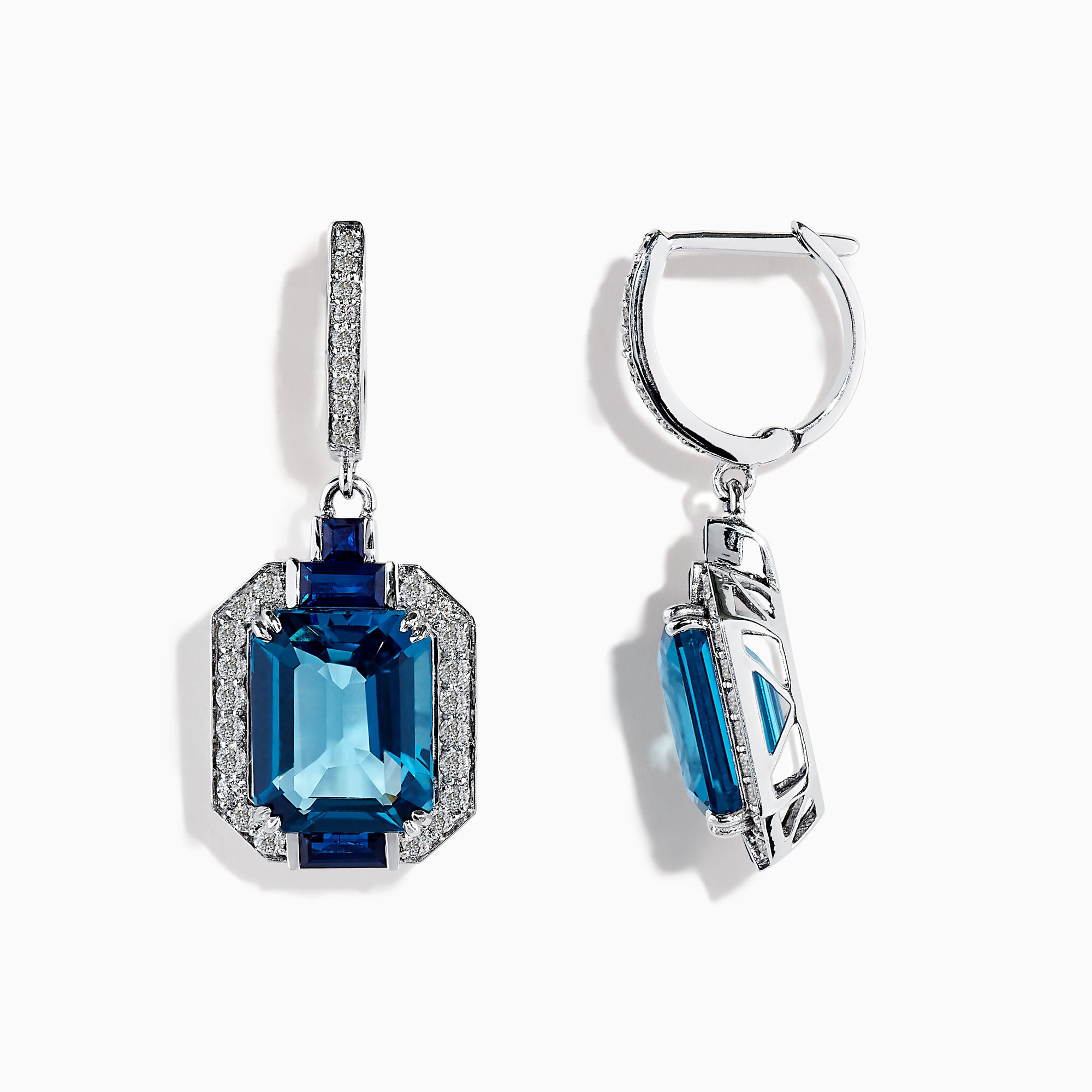 The Ocean Bleu 14K Gold London Blue Topaz and Diamond Earrings (8.74 TCW) feature emerald-cut topaz framed by diamonds and accented with deep blue stones in a luxurious gold setting.