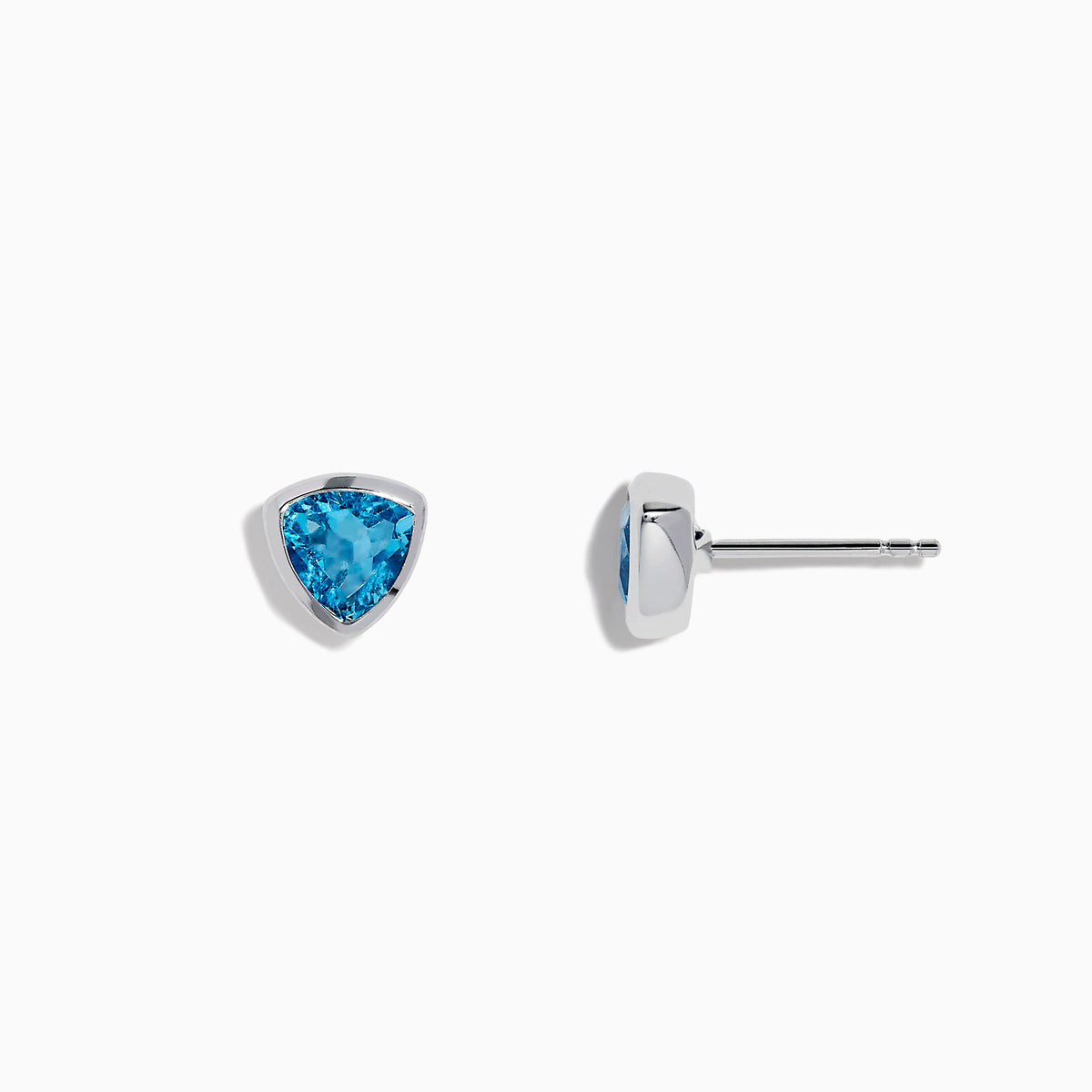 A pair of Ocean Blue 14K White Gold Bezel Set Blue Topaz Stud Earrings with triangular gemstones, inspired by the Effy Ocean Blue collection, shown against a white background.