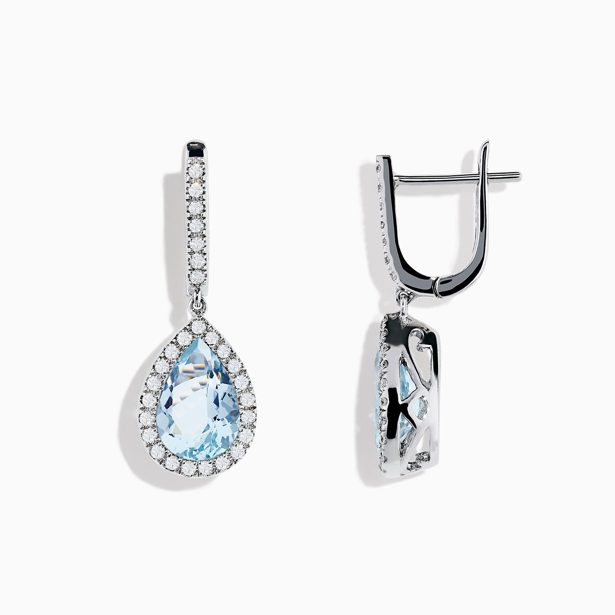 The Aquarius 14K White Gold Aquamarine and Diamond Drop Earrings feature pear-shaped Aquamarine gemstones with diamond halos and a row of diamonds on the hooks.