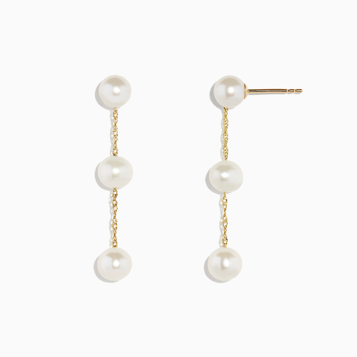 The 14K Yellow Gold Cultured Fresh Water Pearl Drop Earrings feature three round pearls on each earring, linked by delicate gold chains and shown against a white background.