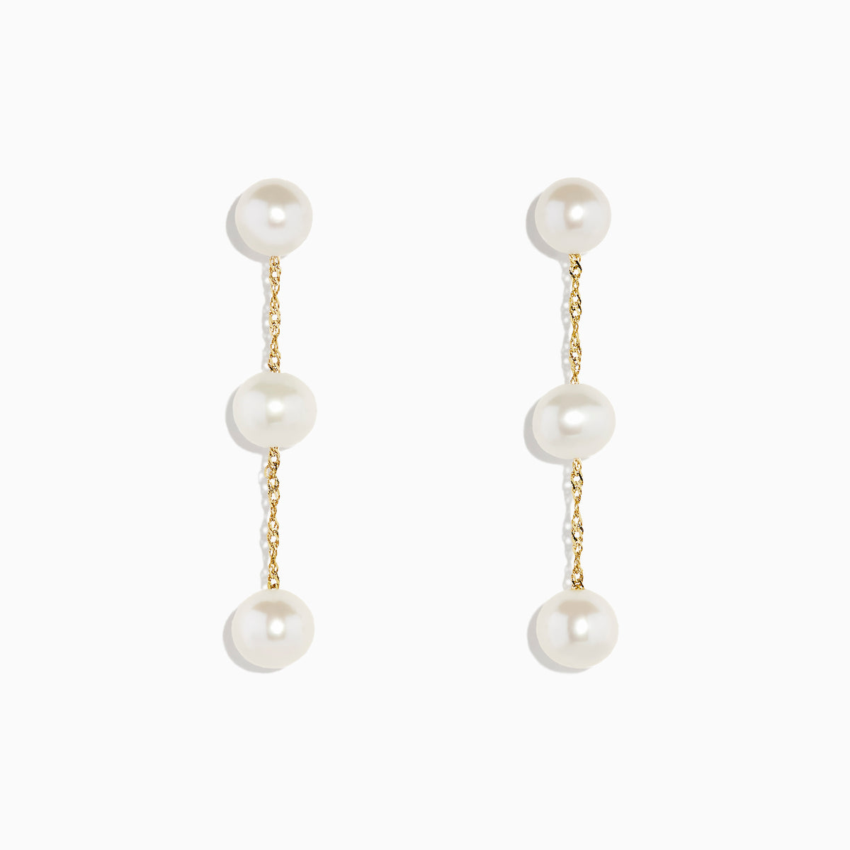 The 14K Yellow Gold Cultured Fresh Water Pearl Drop Earrings feature three round pearls on each earring, linked by delicate gold chains and shown against a white background.