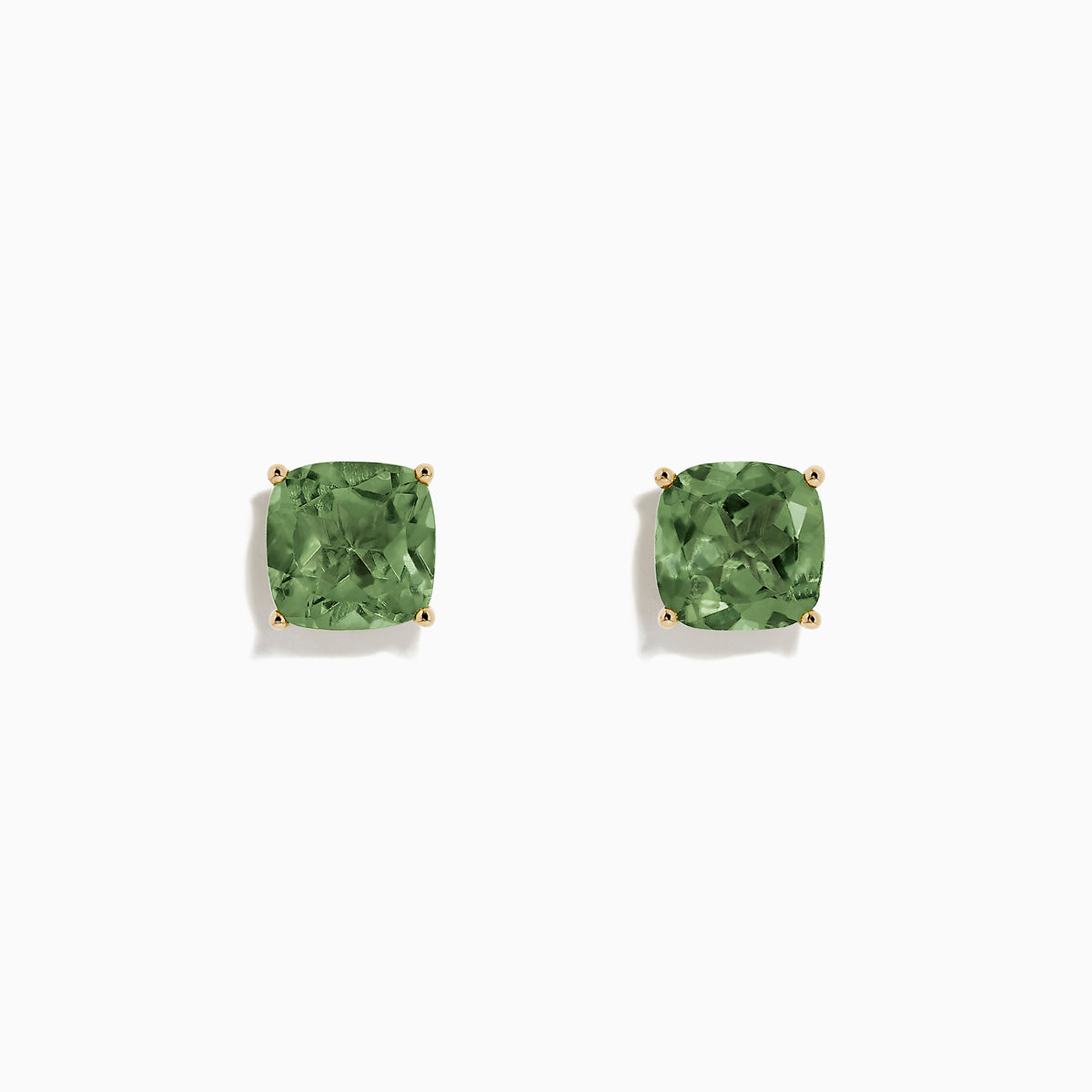 A pair of 14K Yellow Gold Peridot Stud Earrings, 4.50 TCW, with square-cut stones set in gold prongs, displayed on a white background.