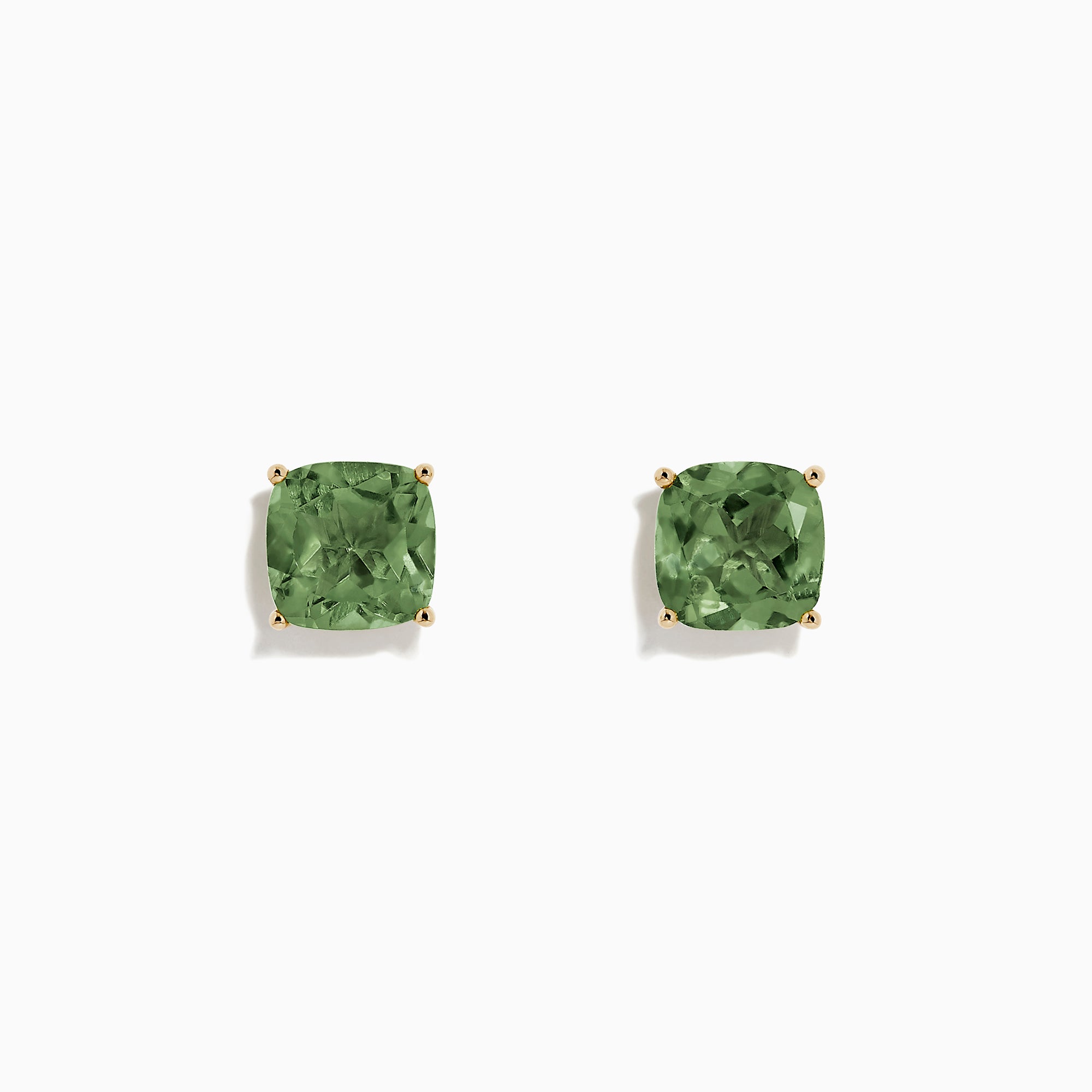 A pair of 14K Yellow Gold Peridot Stud Earrings, 4.50 TCW, with square-cut stones set in gold prongs, displayed on a white background.