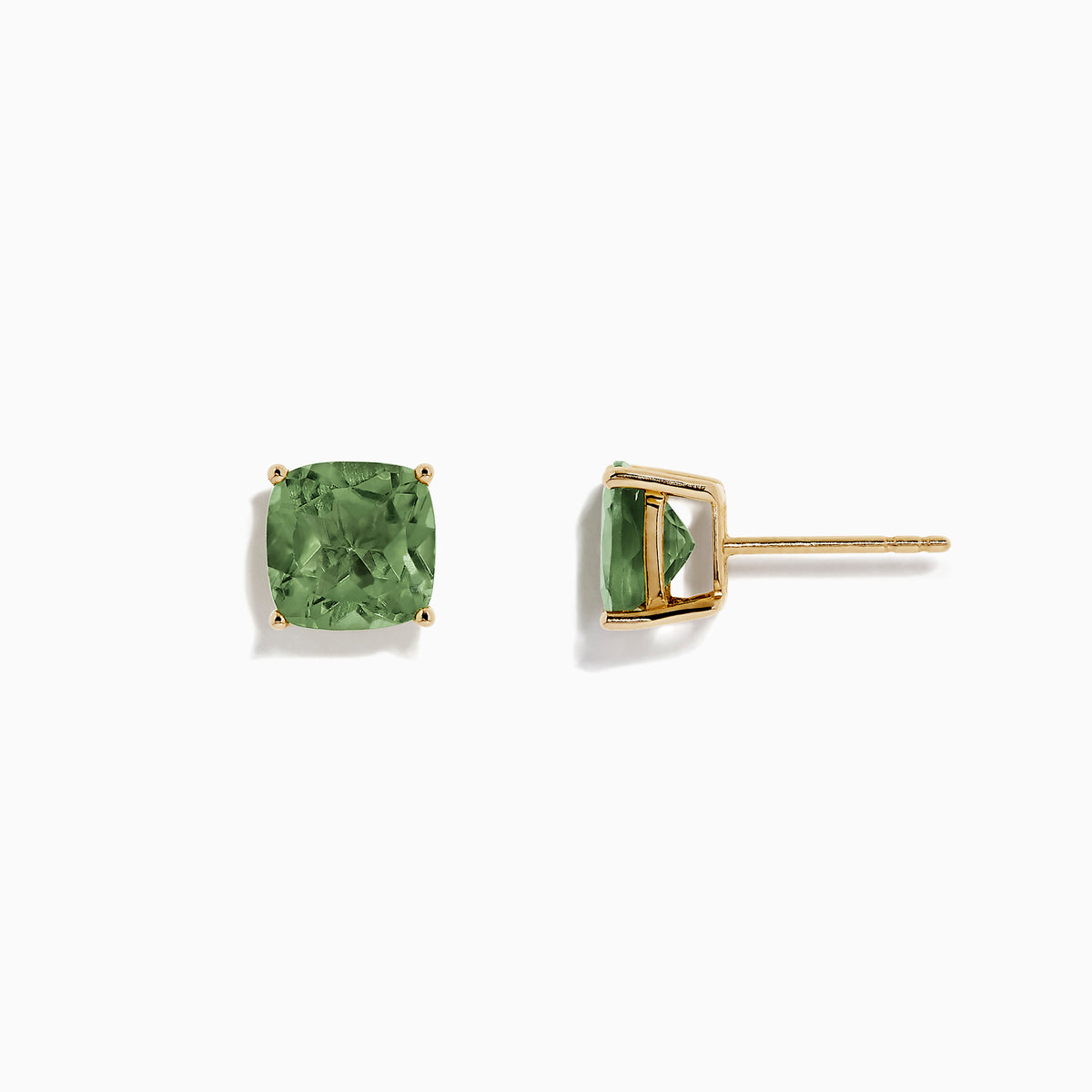 A pair of 14K Yellow Gold Peridot Stud Earrings, 4.50 TCW, with square-cut stones set in gold prongs, displayed on a white background.