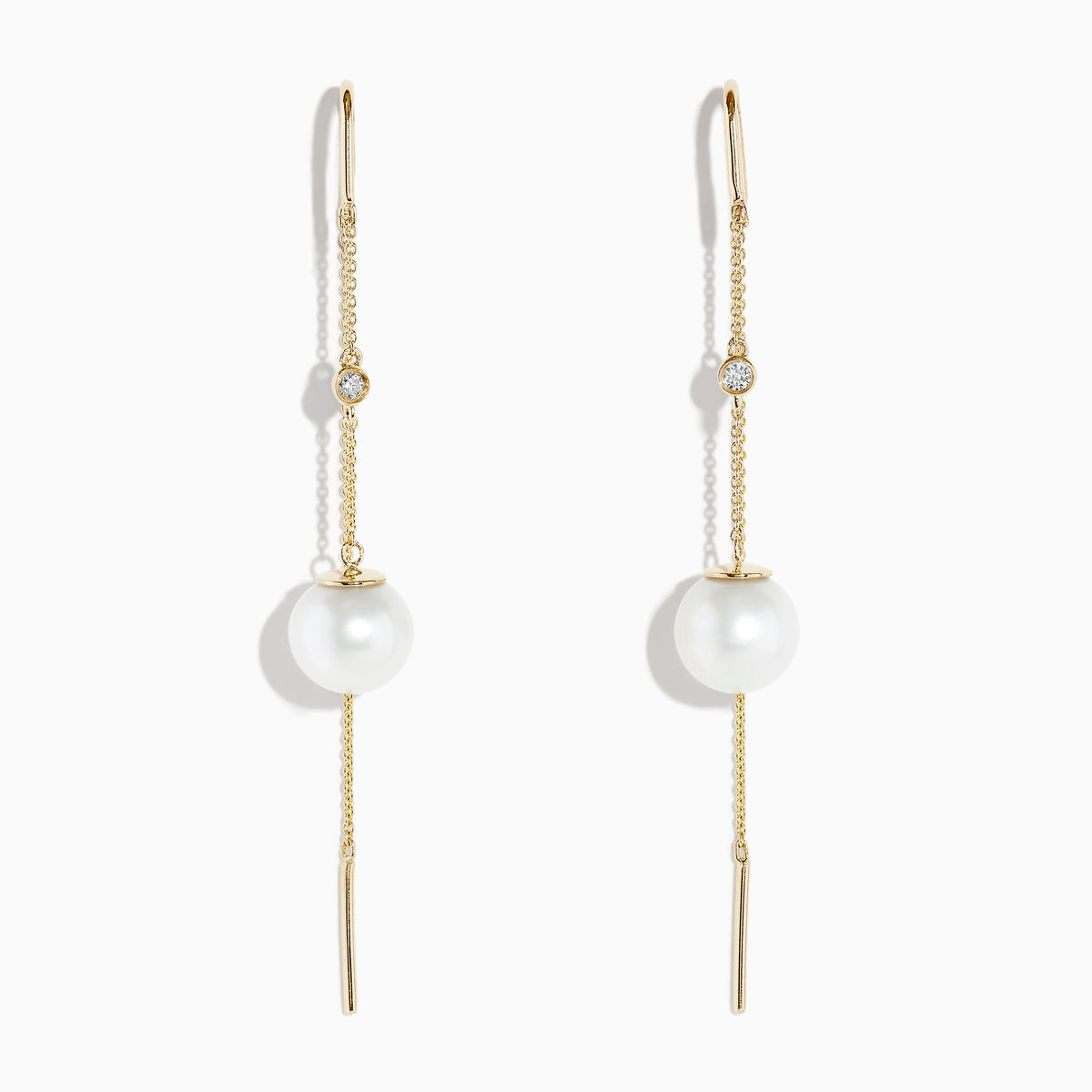 The 14K Yellow Gold Pearl and Diamond Drop Earrings feature a single white pearl and round diamond on each, accented with thin gold chains and bars.